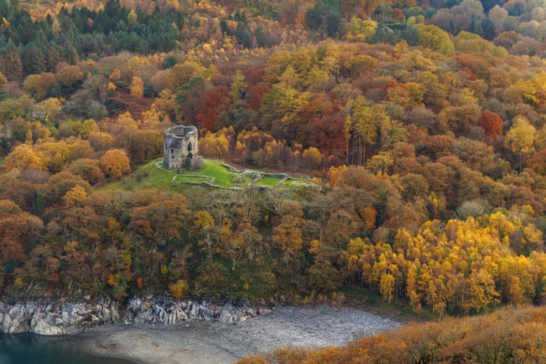 An aerial bird's-eye view of Dolbadarn Castle tower surrounded by a dense canopy of orange and yellow autumn trees.