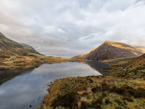 Llyn Ogwen reflecting Pen yr Ole Wen mountain under dramatic clouds, with warm golden light on the hillside and a wide sky over the Ogwen Valley, Snowdonia
