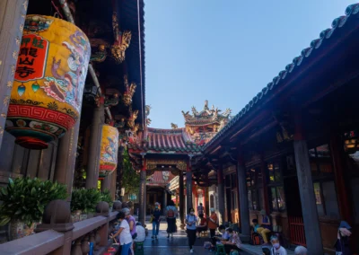 Longshan Temple courtyard with painted lanterns and worshippers among ornate wooden buildings
