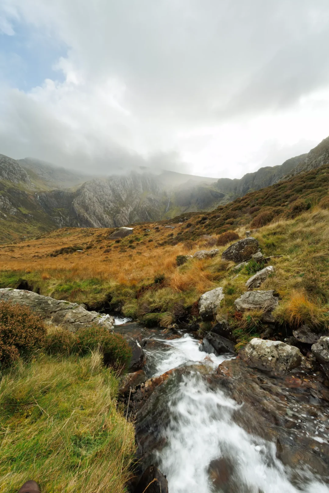A rainbow over the Ogwen Valley, Snowdonia, with Llyn Ogwen visible in the middle distance and golden moorland grasses in the foreground under a grey sky