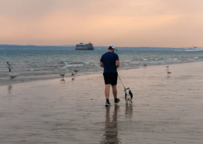 A man in a blue shirt walks his husky on a lead across wet sand, heading towards a distant sea fort at sunset.