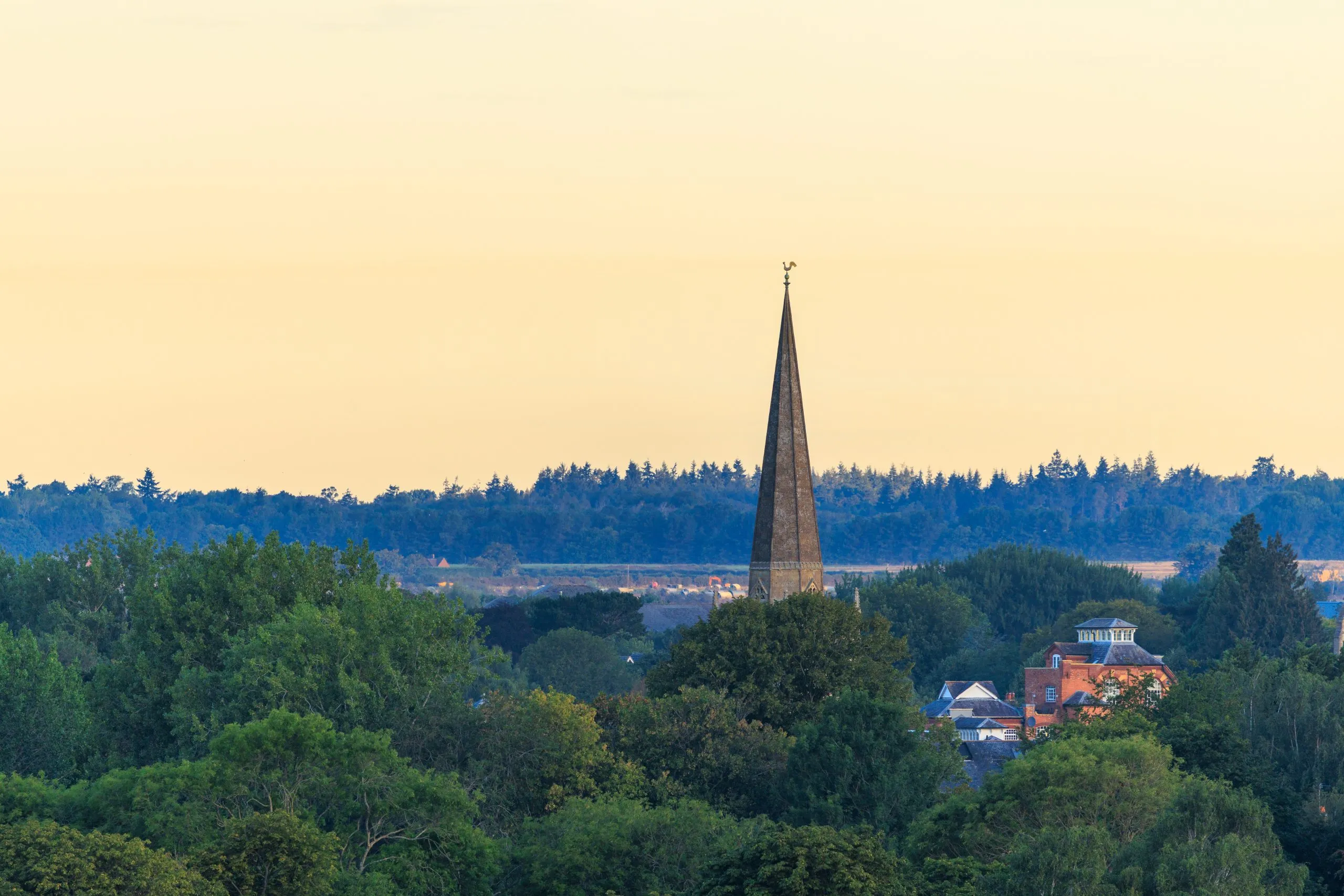 Church spire over rooftops, Abingdon, Oxfordshire