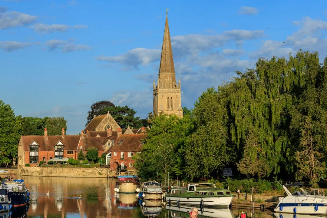 Riverside boats and church spire, Abingdon, Oxfordshire