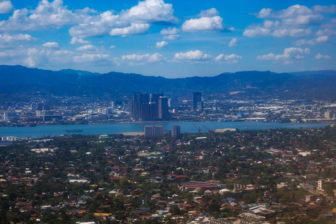 Aerial city skyline mountains bay cebu