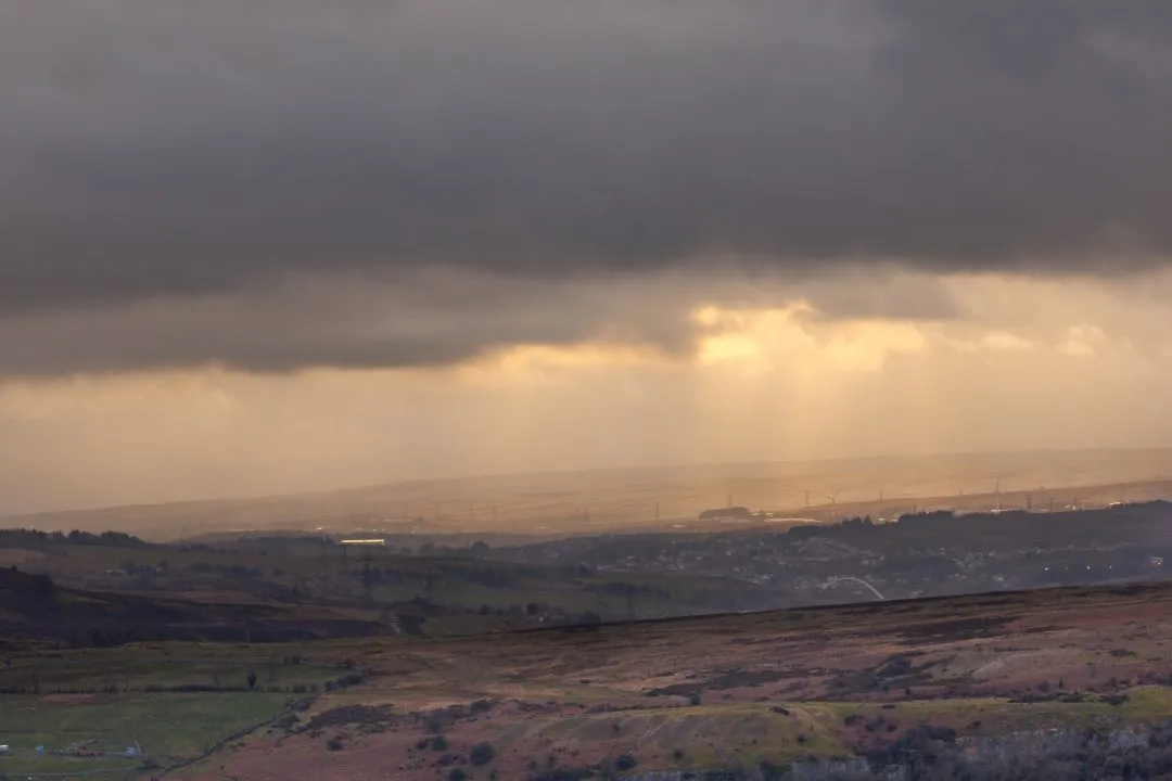 Crepuscular rays valley storm, the Brecon Beacons, Wales