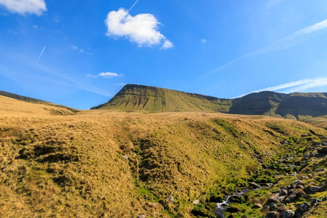 Flat topped mountain blue sky landscape, the Brecon Beacons, Wales