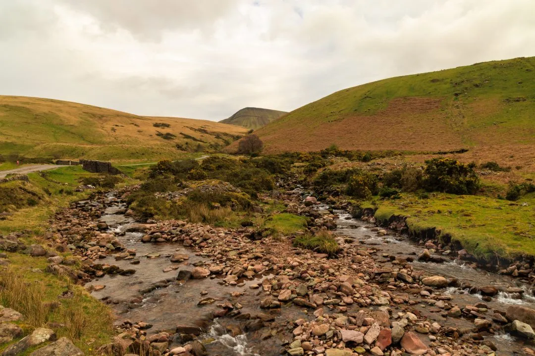 River valley distant peak landscape, the Brecon Beacons, Wales