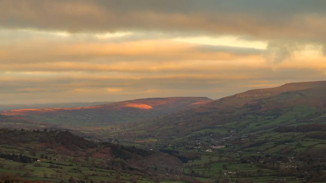 Sunset valley village hillside, the Brecon Beacons, Wales