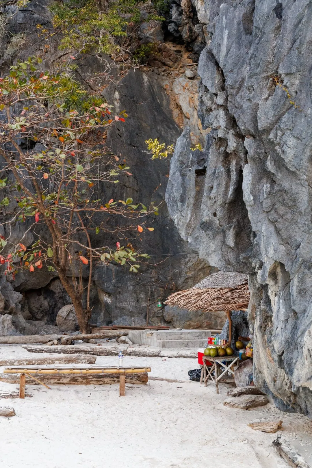 Coconut vendor stall limestone cliffs El Nido