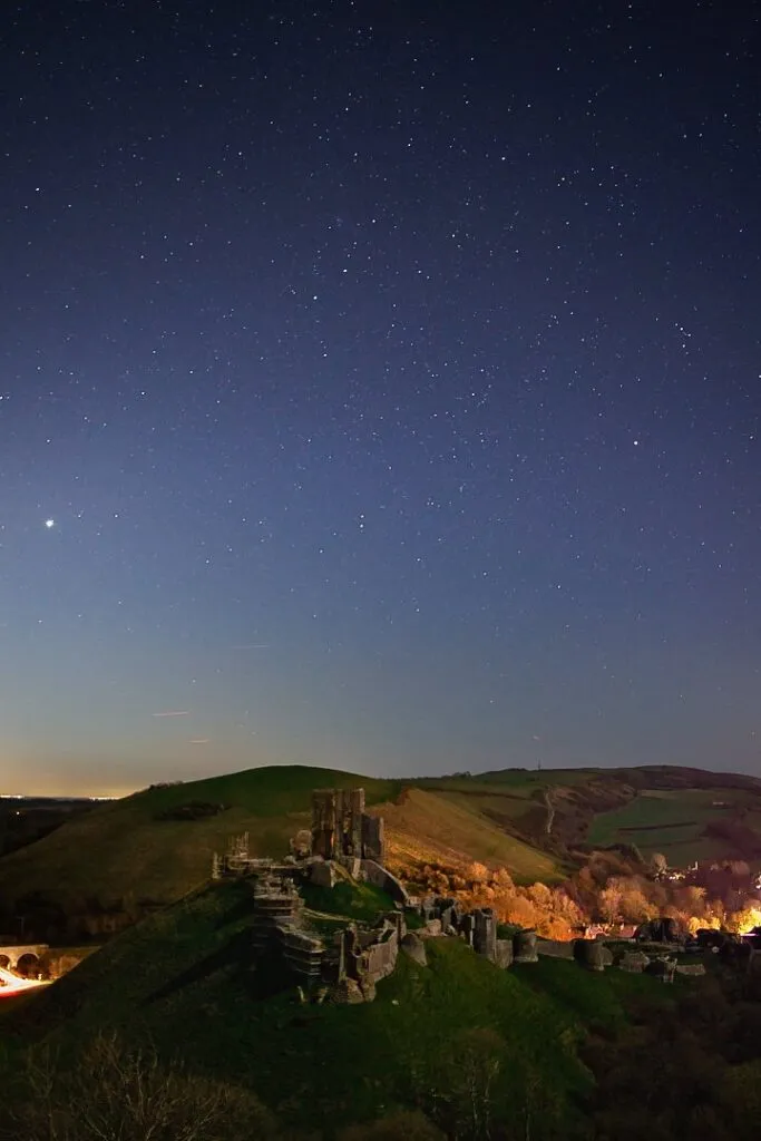 Corfe castle night village lights