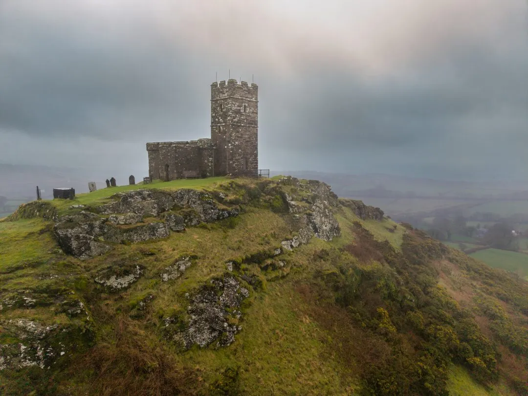 Aerial brentor church drone, Dartmoor, Devon