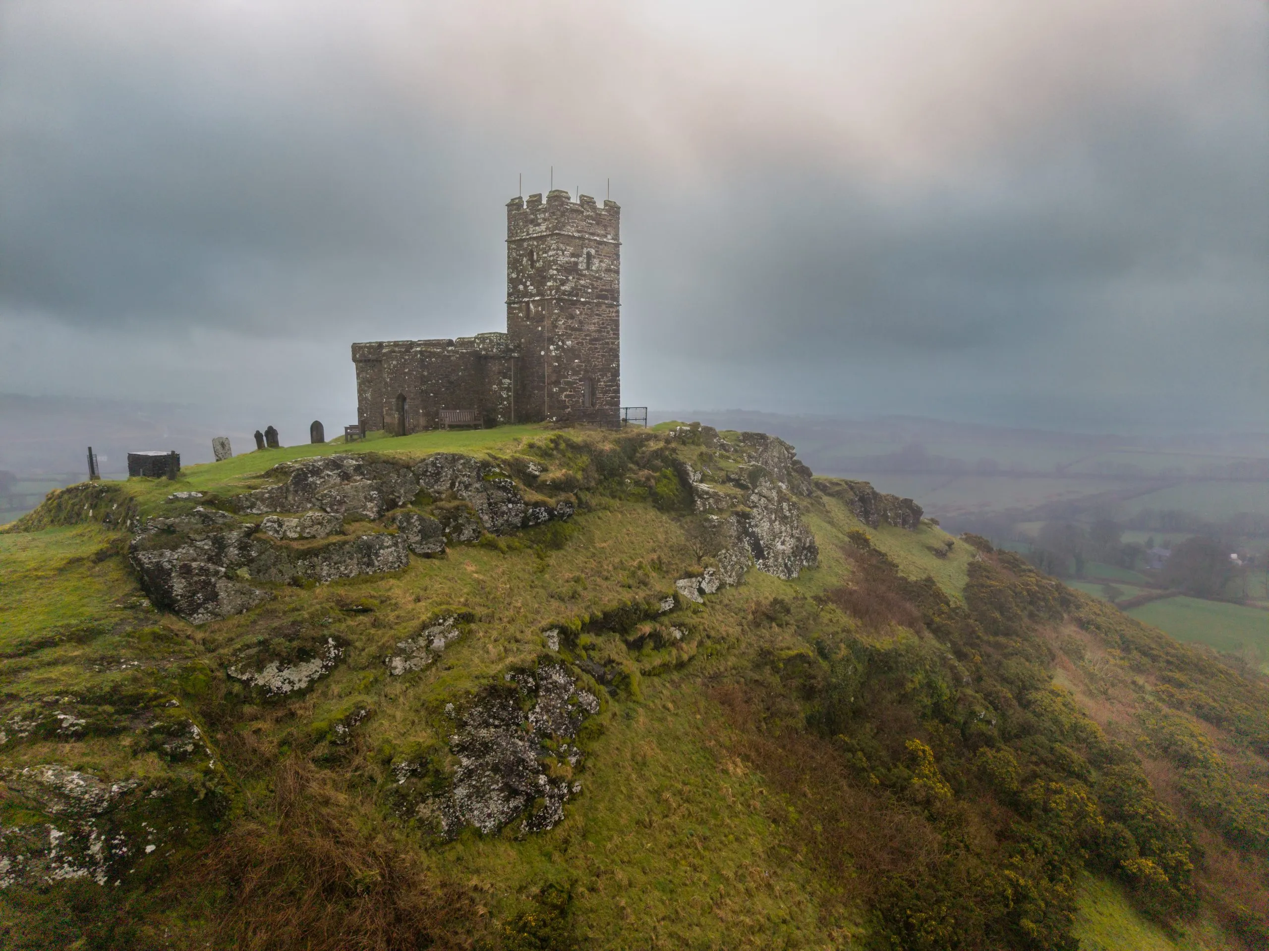 Aerial brentor church drone, Dartmoor, Devon