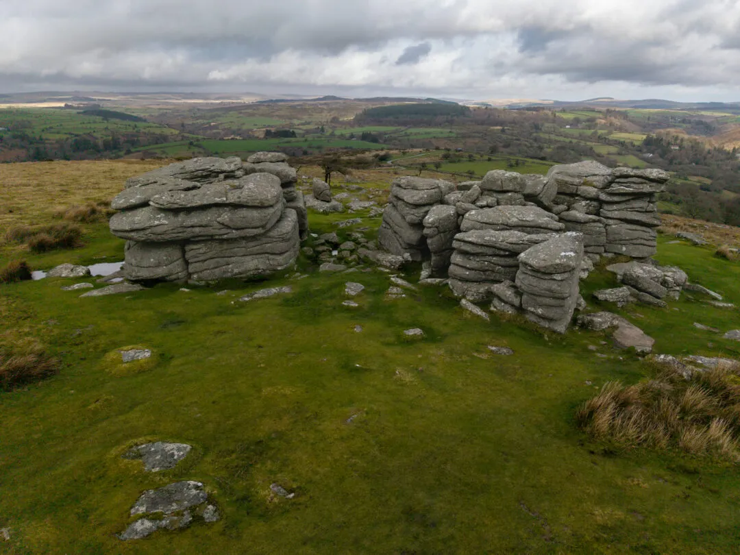 Aerial tor valley panorama, Dartmoor, Devon