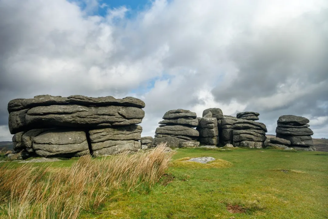 Tor formation blue sky landscape, Dartmoor, Devon