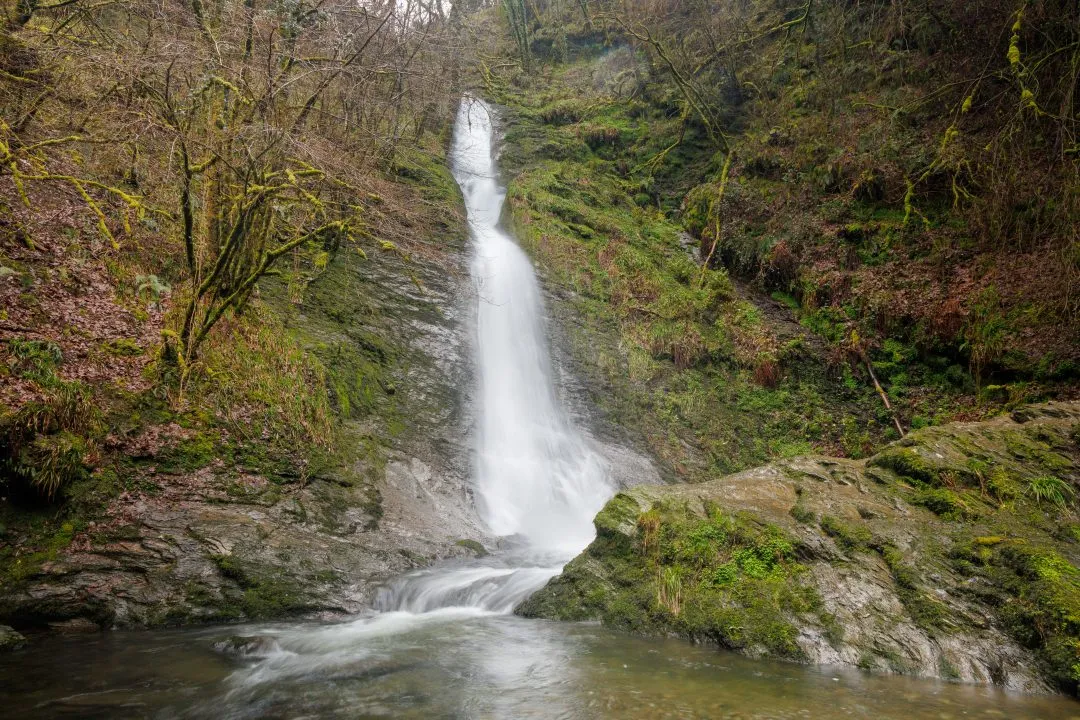 Woodland waterfall cascade, Dartmoor, Devon