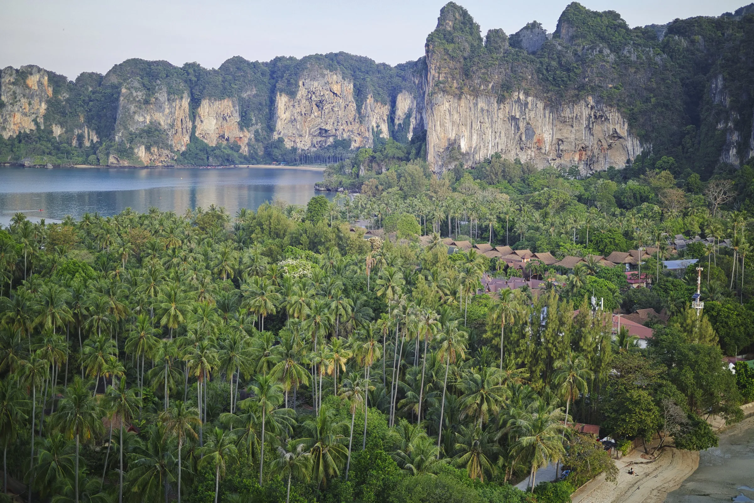 An elevated view over a bay ringed by karst cliffs and palm forest in Thailand.