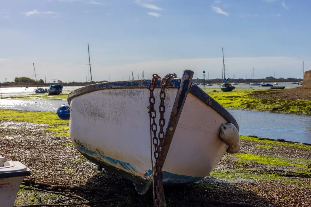 Beached dinghy chain foreground, Emsworth