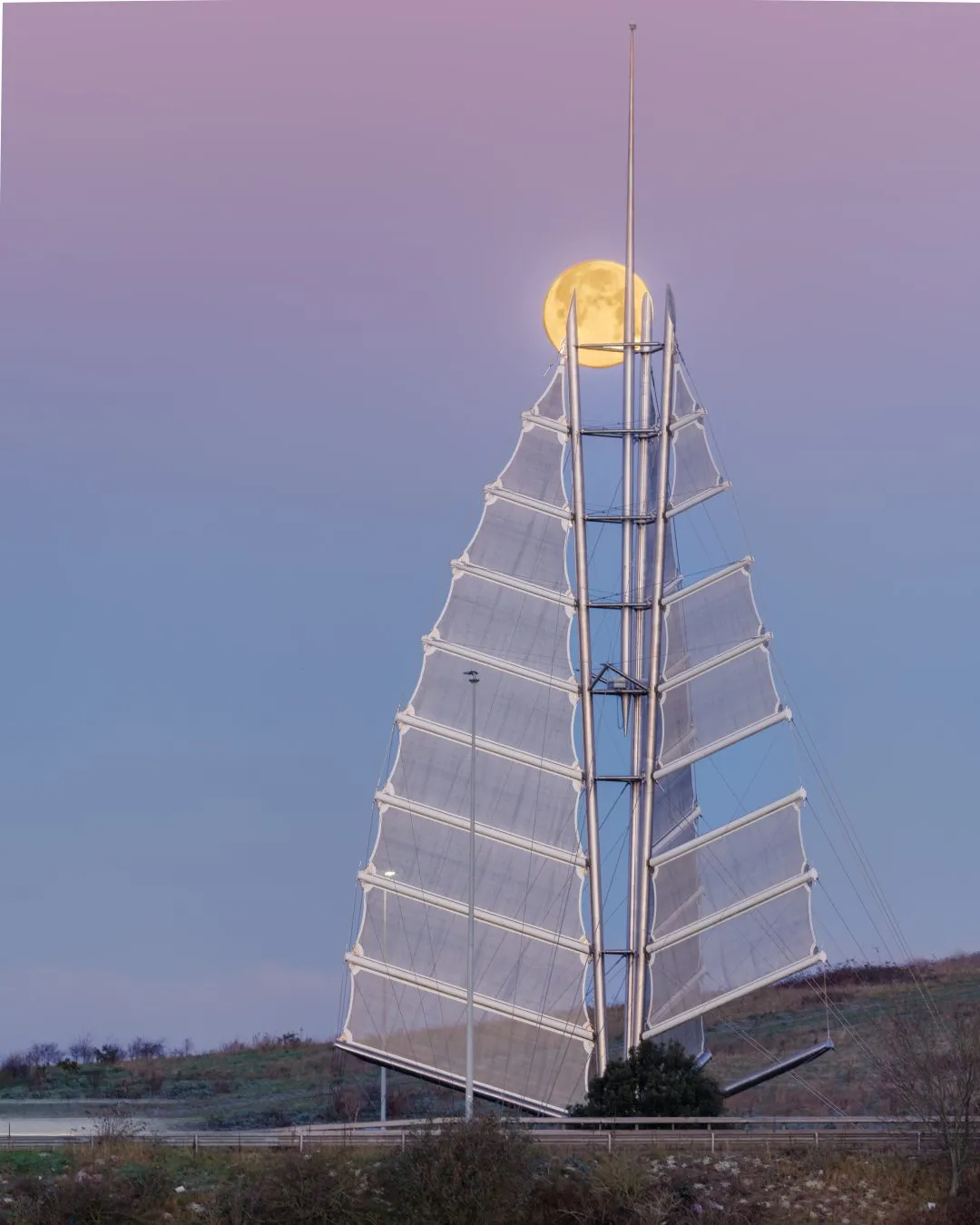 Moon sail sculpture peak twilight, Hilsea Lines