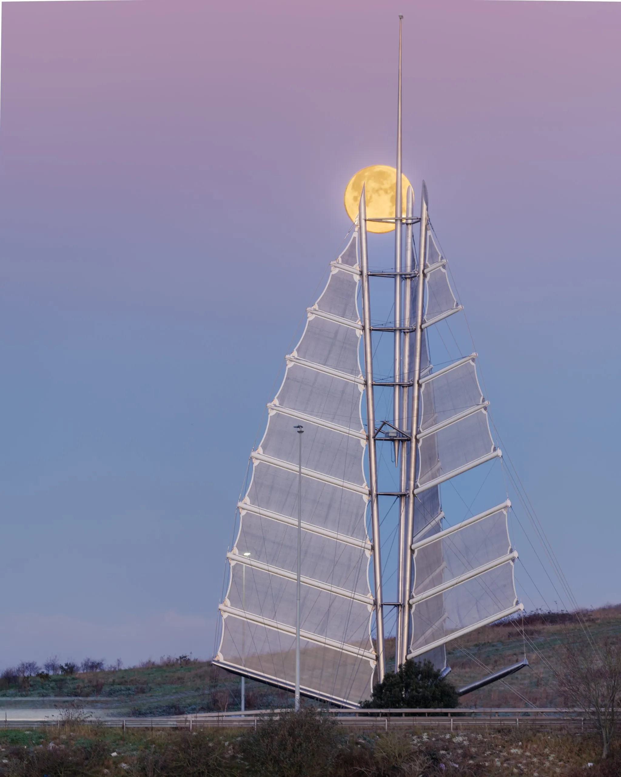Moon sail sculpture peak twilight, Hilsea Lines