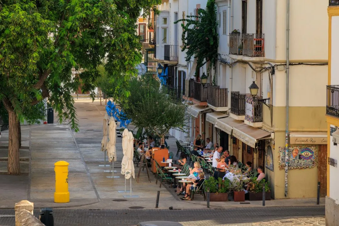 Cafe street scene yellow postbox, Ibiza Old Town