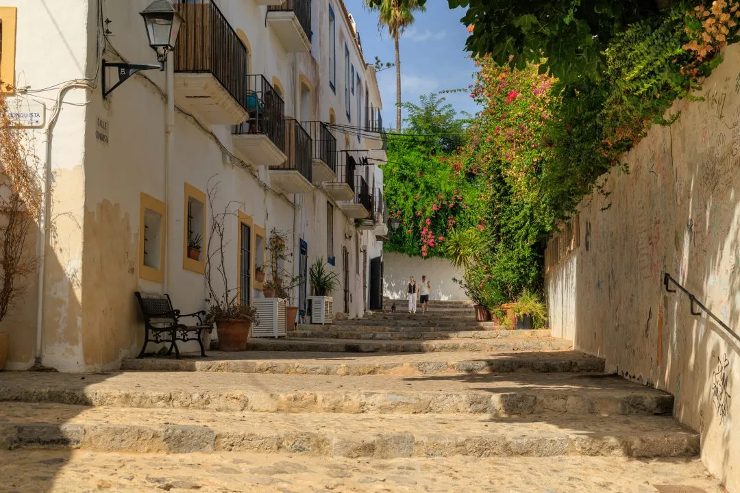 Calle Conquista steps bougainvillea, Ibiza Old Town