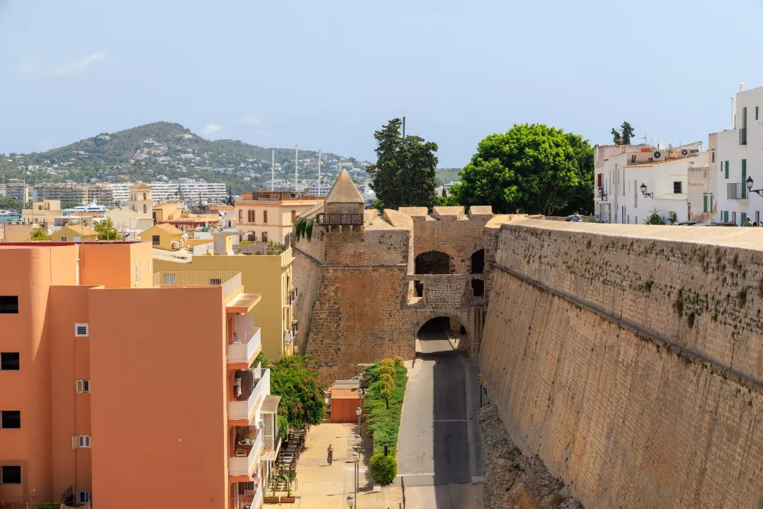 Fortress gate elevated view rooftops, Ibiza Old Town
