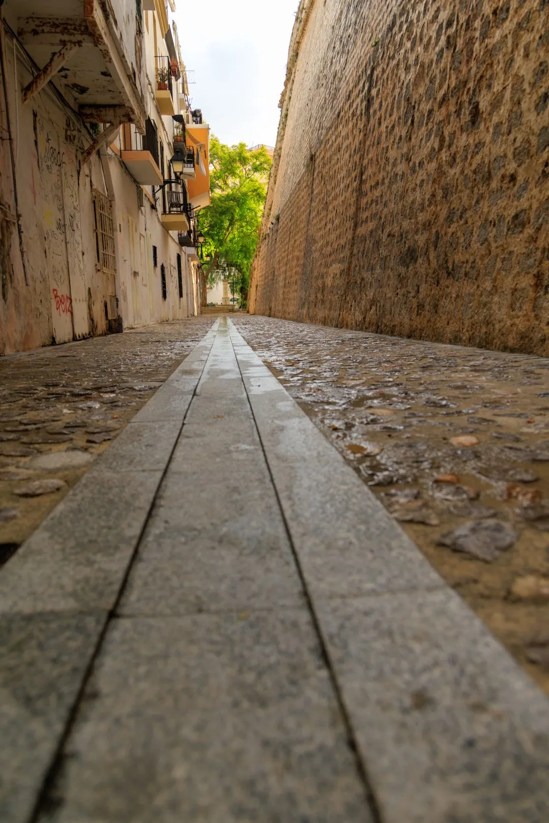 Narrow alley low angle view, Ibiza Old Town