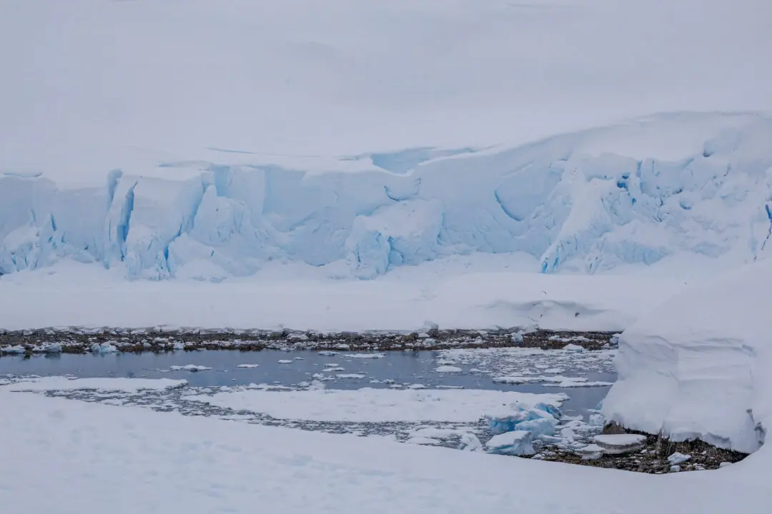 Lone figure with a red backpack crossing a vast white snow slope, Antarctica