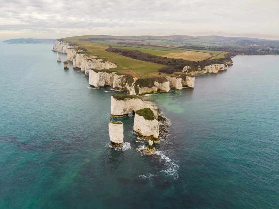 Old harry rocks aerial chalk stacks