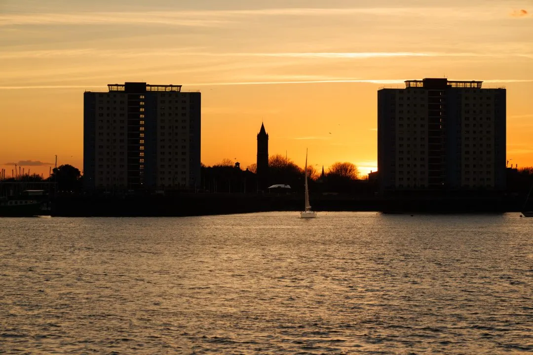 Old Portsmouth Tower Blocks Sailboat Silhouette, Southsea and Old Portsmouth, Hampshire