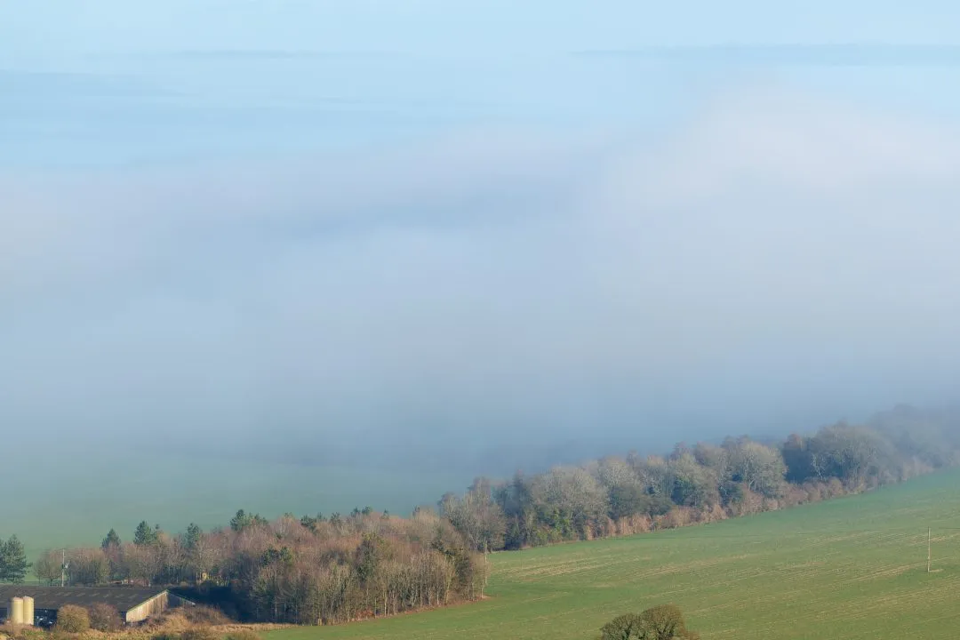 Farm building emerging fog, Old Winchester Hill