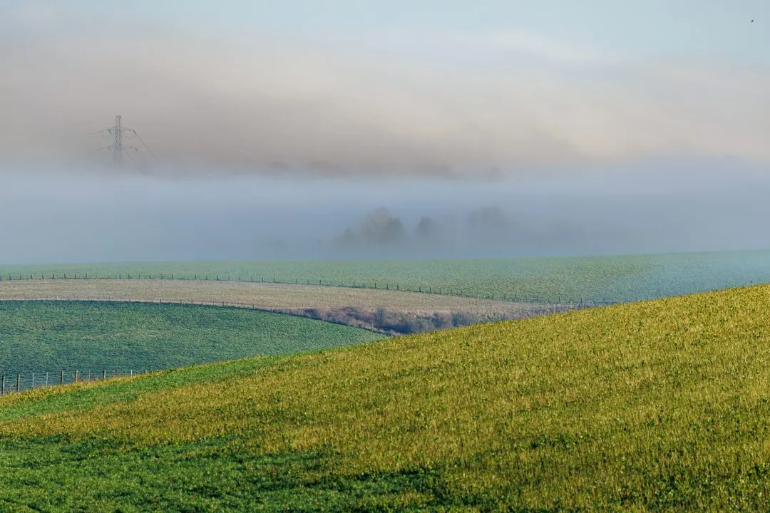 Pylon fog frosted fence line, Old Winchester Hill