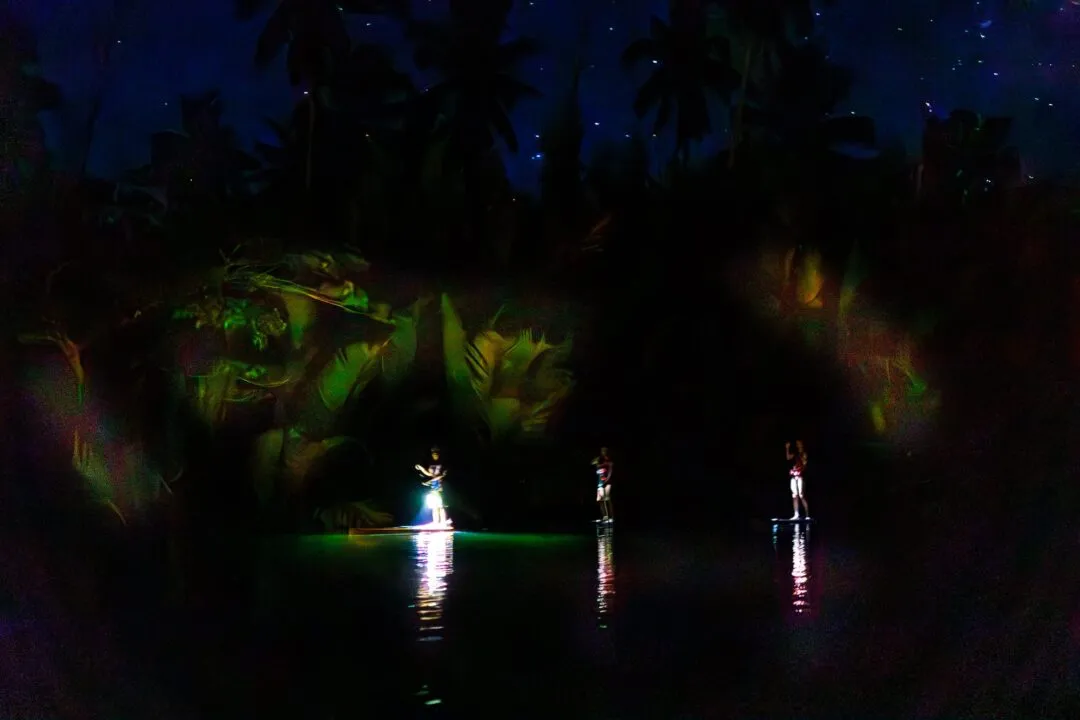 Paddleboarders glowing lights blue hour bohol
