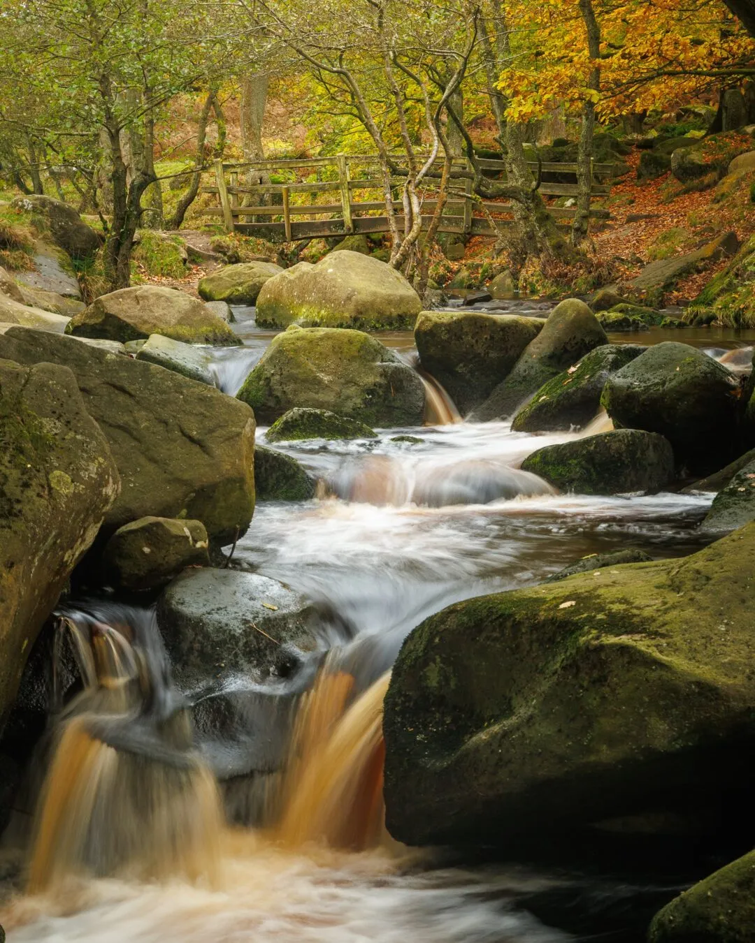 Peak district padley gorge footbridge cascade