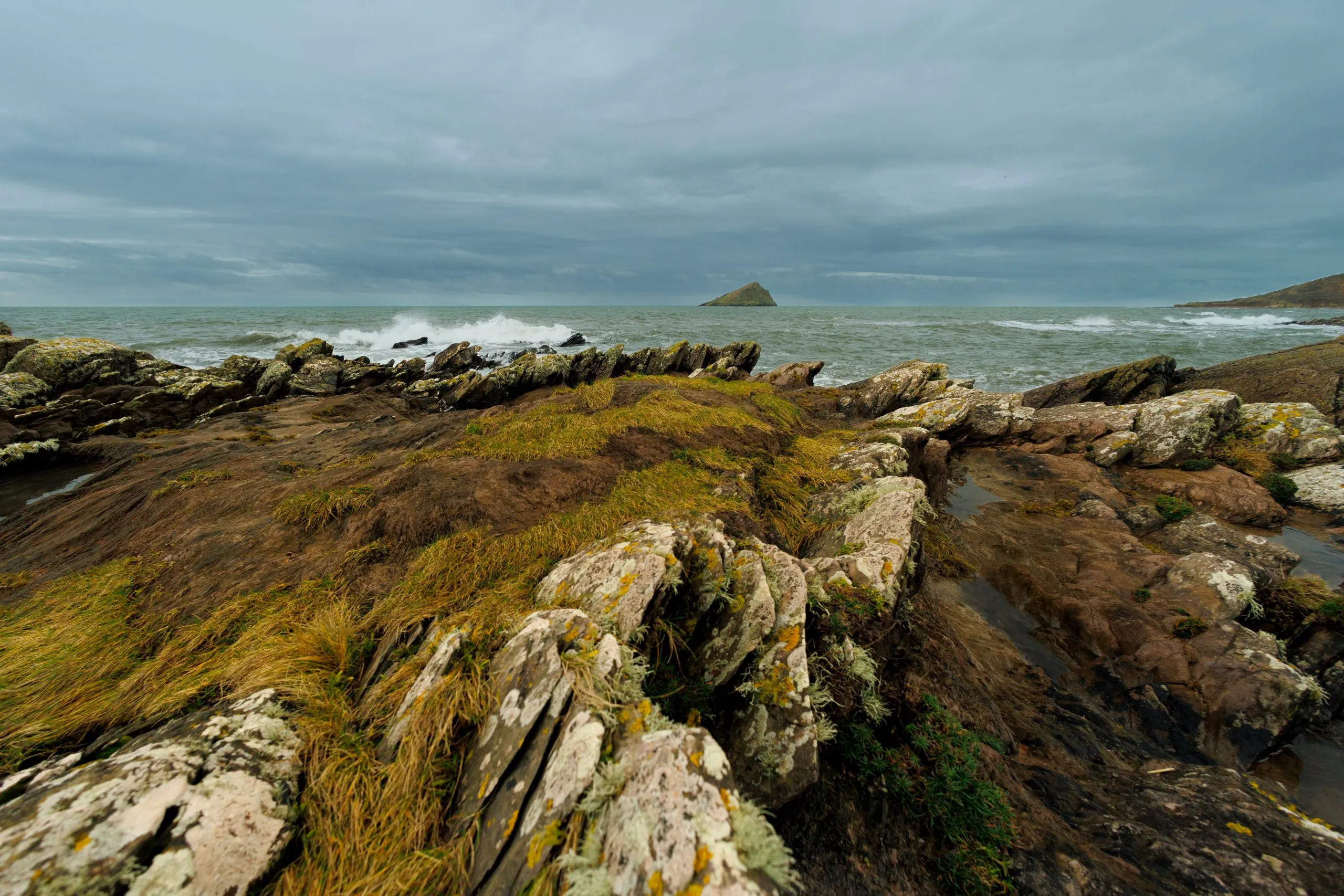 Lichen-covered rocks with Mew Stone across the bay, Wembury, Devon