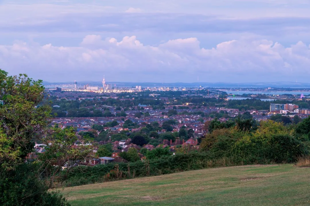 Dusk cityscape Portsmouth harbour, Portsdown Hill