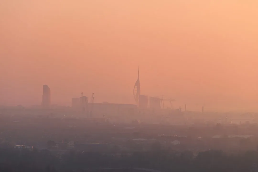 Hazy dawn Portsmouth skyline, Portsdown Hill