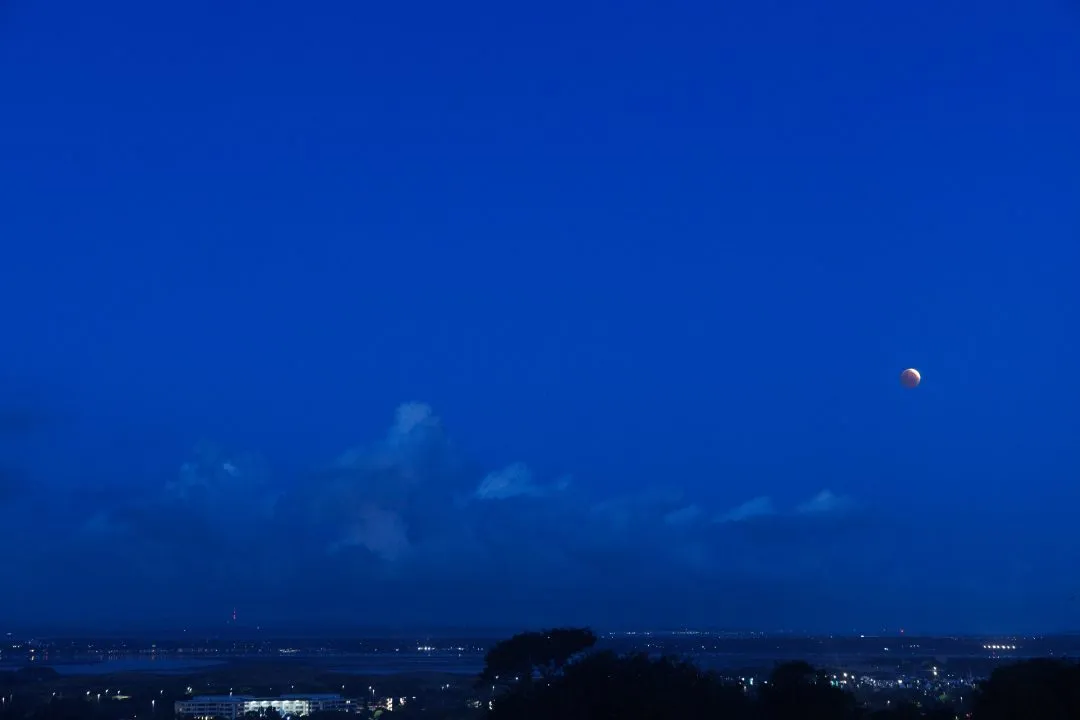 Lunar eclipse city lights wide, Portsdown Hill