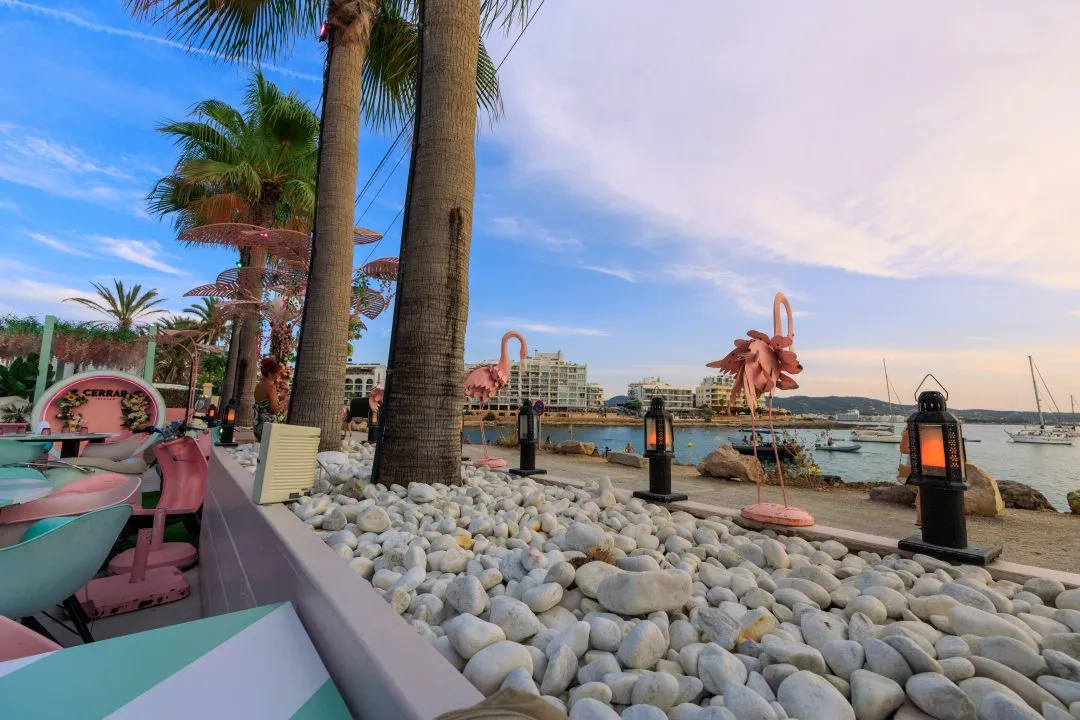 Pastel bar waterfront flamingos, San Antonio, Ibiza