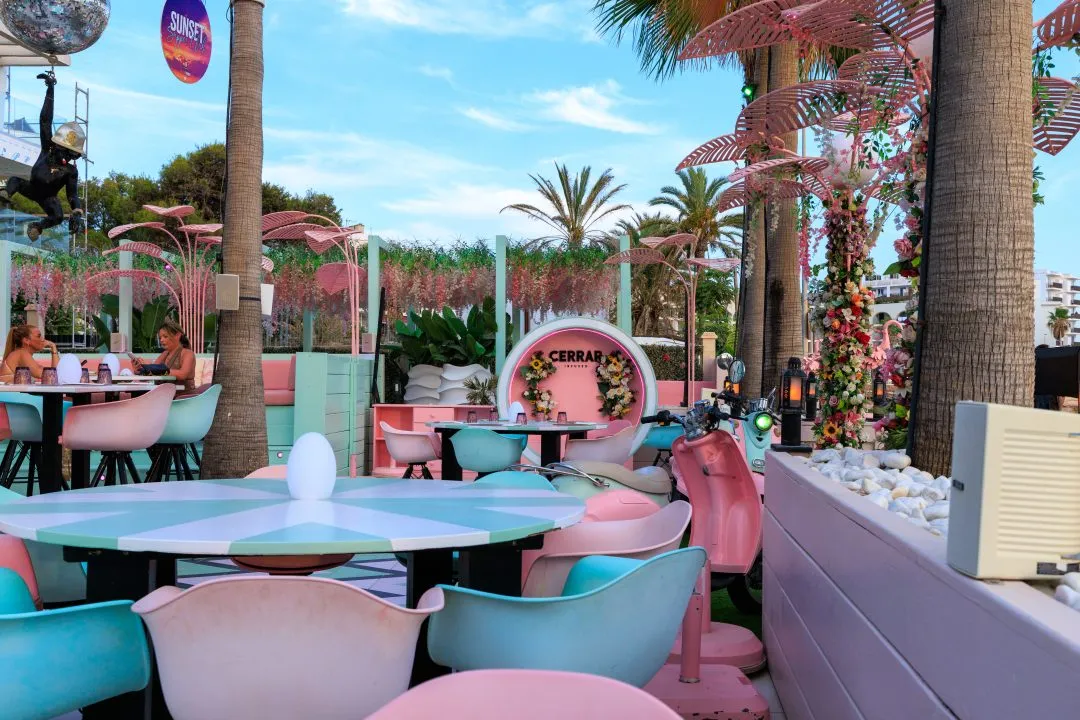 Pastel sunset bar seating, San Antonio, Ibiza