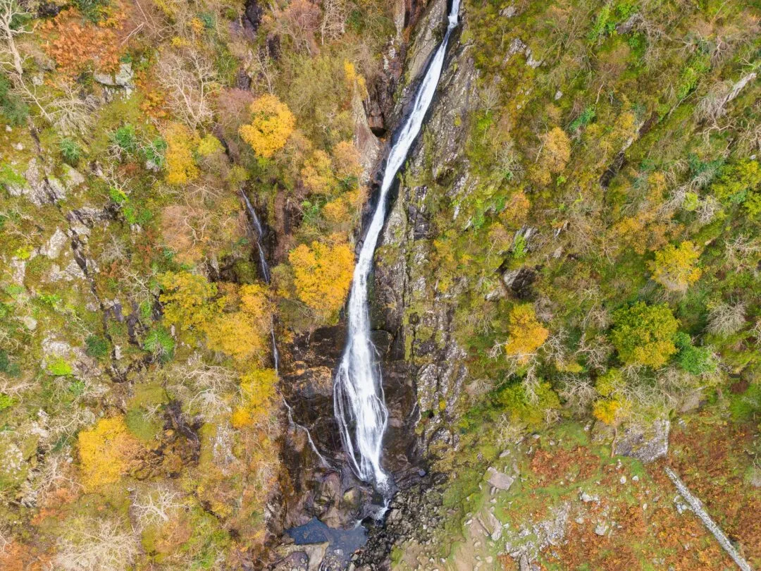 Snowdonia aber falls aerial autumn canopy