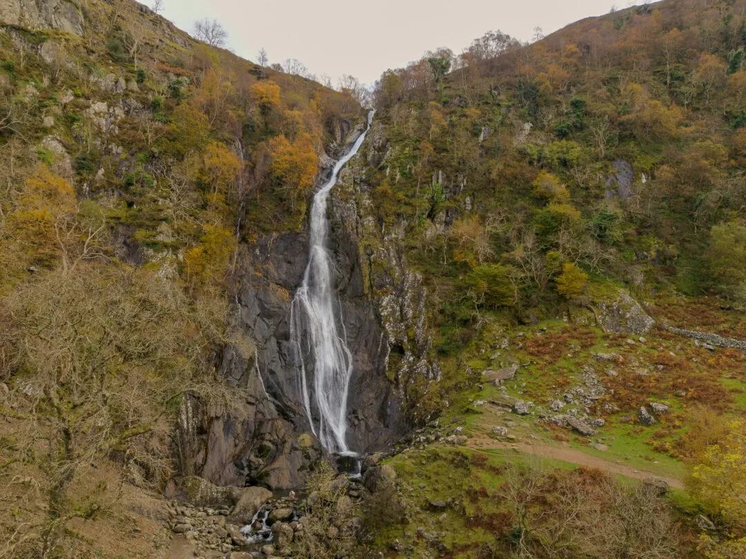 Snowdonia aber falls aerial valley view