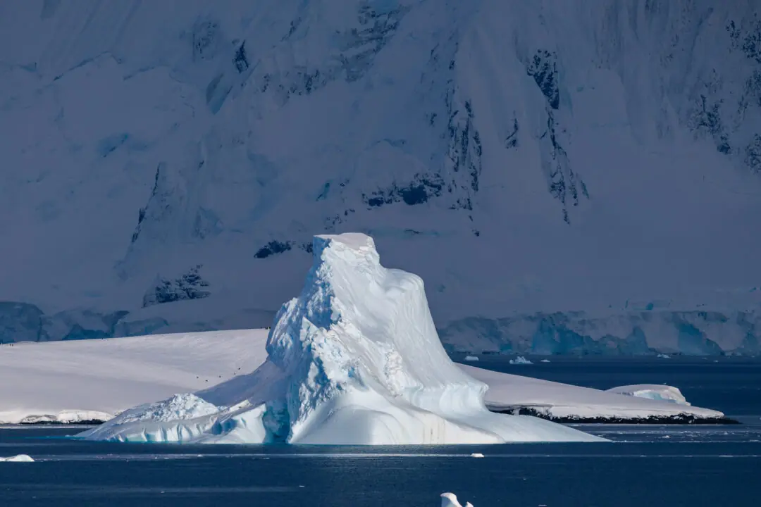 Richly textured striated iceberg against a dark mountain backdrop, Antarctica