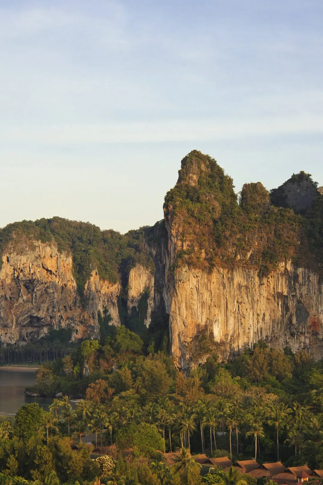 A vertical view of a sunlit limestone cliff face above simple thatched beach huts in Thailand.