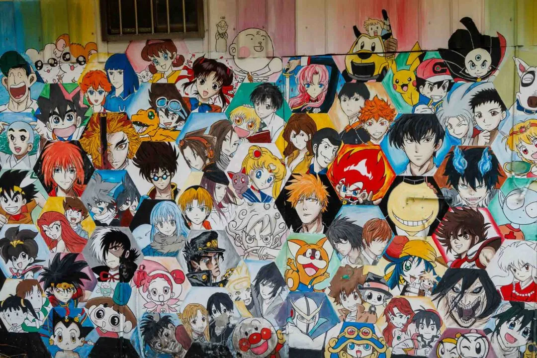 Dense wall of hundreds of hand-painted anime characters, character mural alley, Taichung, Taiwan
