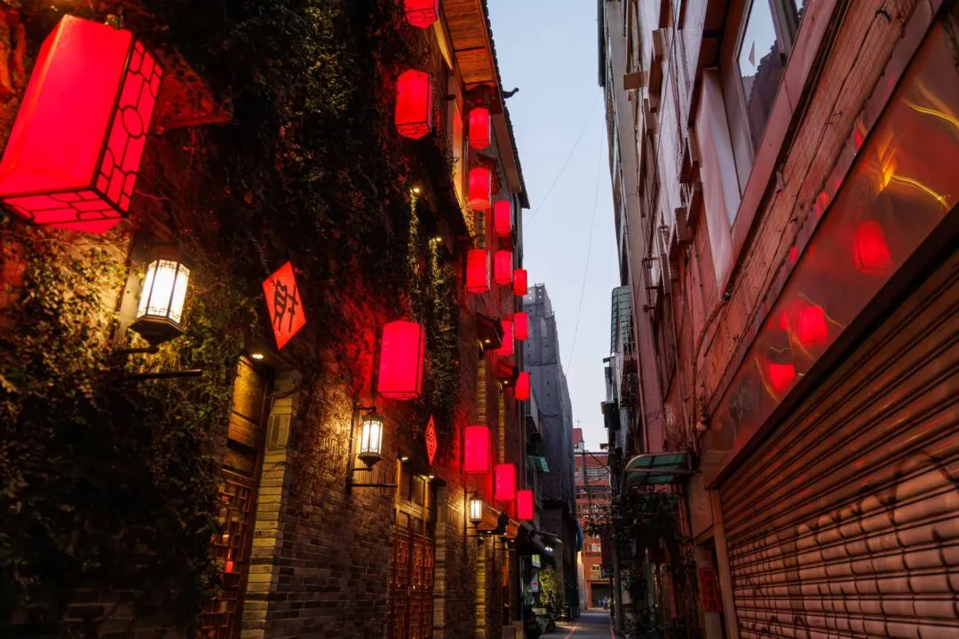 Moody red lantern alley at dusk, Taichung, Taiwan