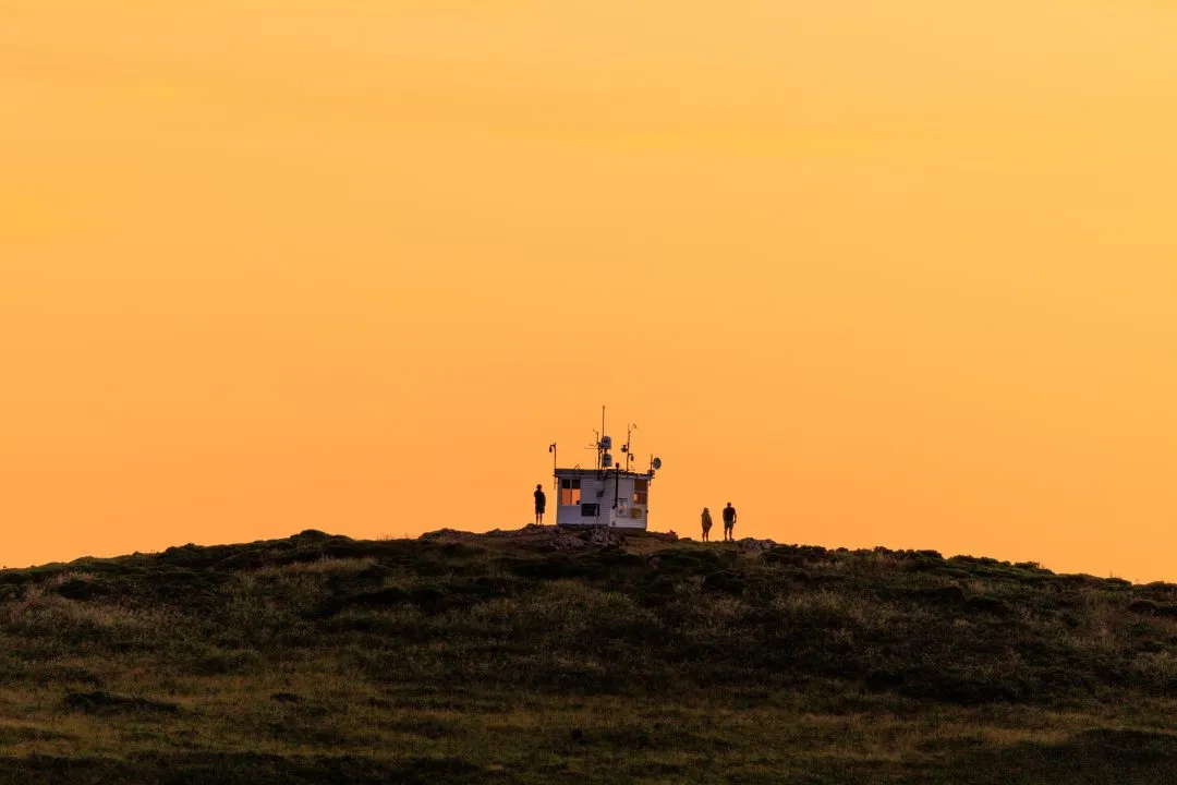 Coastguard lookout hut people silhouette, West Hook Farm